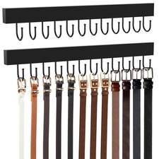 "Wall Mount Wooden Belt Hanger with 24 Hooks, Black Organizer"