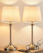 Set of 2 Modern Silver Bedside Lamps with Linen Shade  AC Outlet