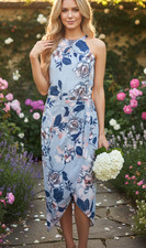 COOPER LEE Dress Size 6 Sleeveless Pencil Midi Blue Floral Party Wedding Cruise