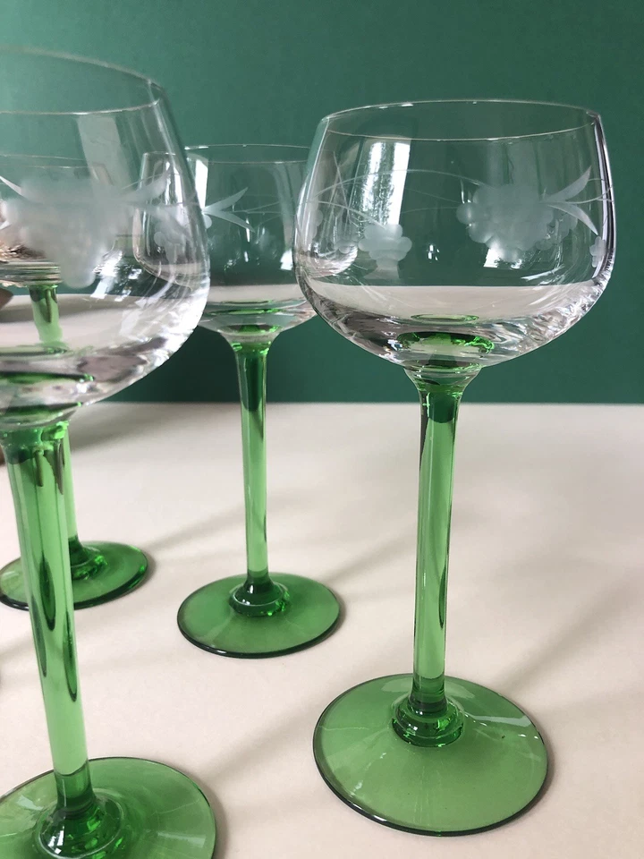 6 verres à vin blanc d'alsace pied vert gravés raisin - Photo 2/4