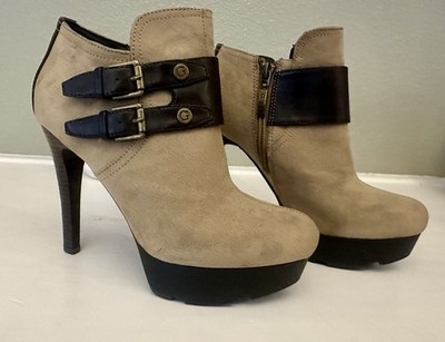 Guess Suede Platform Ankle Booties Heels Tan Brown Buckle Size 7M