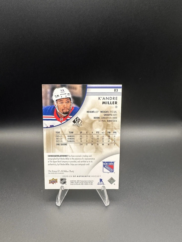 2023-24 UD SP Authentic K'Andre Miller Limited Auto #83 New York Rangers - Image 2 of 2