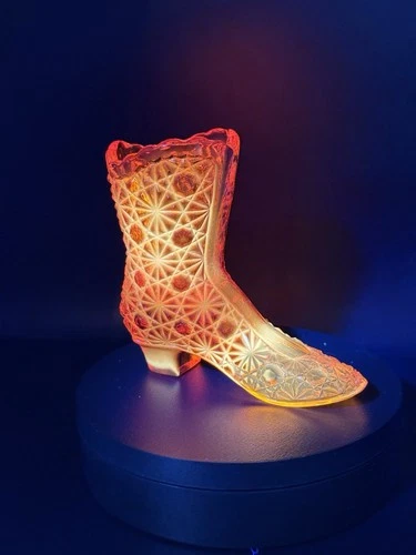 Vintage Fenton Glass Amberina Daisy Button High Top Shoe Boot Cadmium UV Glow