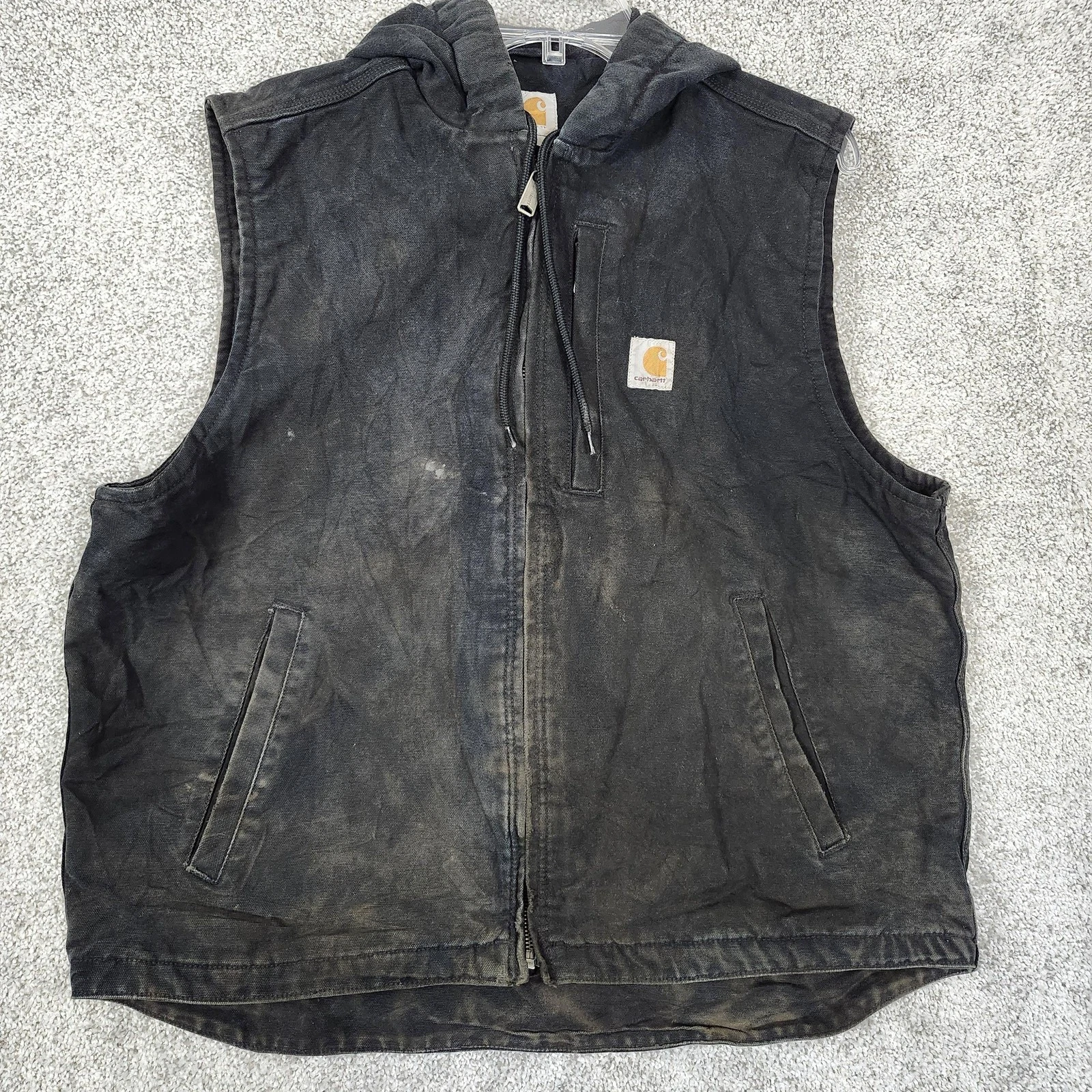 Carhartt Vest Mens Large Black Hooded Duck Canvas Insulated Workwear 103837