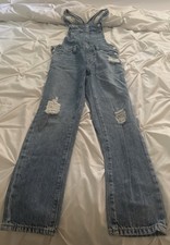 Old Navy Girls Blue Denim Overall One-Piece Distressed Ripped Knees Pockets L 10