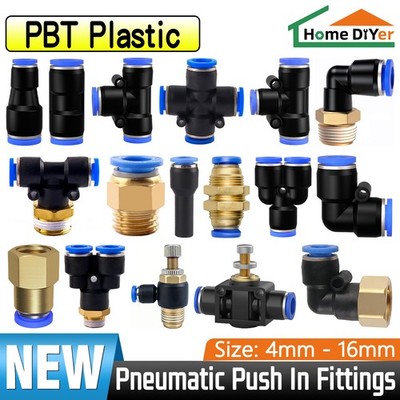 Pneumatic Push In Fitting Air Water Pipe - All Type Fittings 4 6 8 10 12 14 16mm
