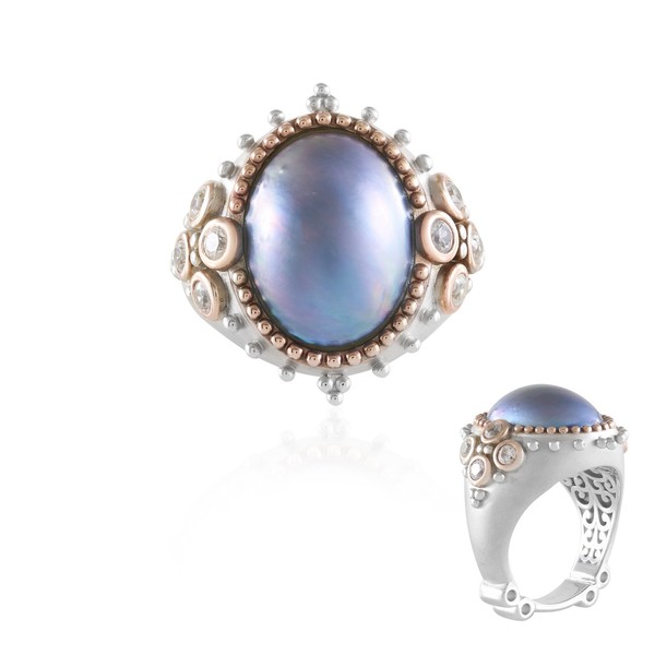 Cavill Perlenring Damen Sterling Silber 925 Mit Blauem Mabe Zirkon 0,63Ct-image
