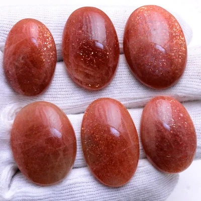 Glänzende Der Sonne ~ 6 Stück Natürlich Sonnenstein Unbehandelt Oval Cabochon - Bild 1 von 4