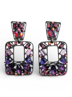 Thelma Deutsch Vintage Brutalist Gothic Dangle Rhinestone AB Clip On Earrings