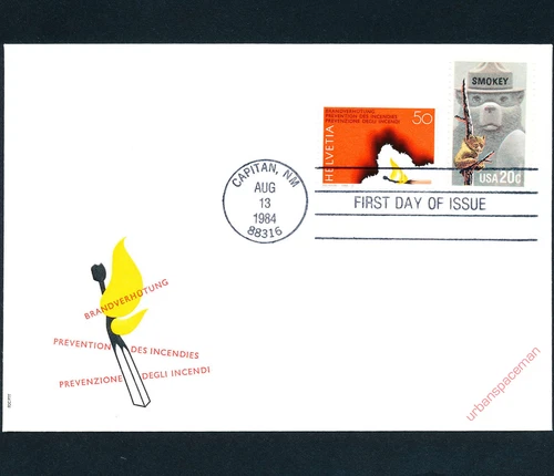 FDC 2096 Smokey Bear combo w/ Switzerland 750 Fire Prevention Swiss PTT cachet