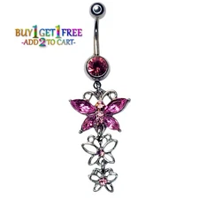14G BUTTERFLIES PINK BELLY NAVEL RING CZ Jewelry Barbell Body Piercing 9049 4