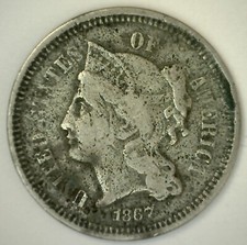 1867 Three Cent Nickel 3c US Copper Nickel Circulated Coin