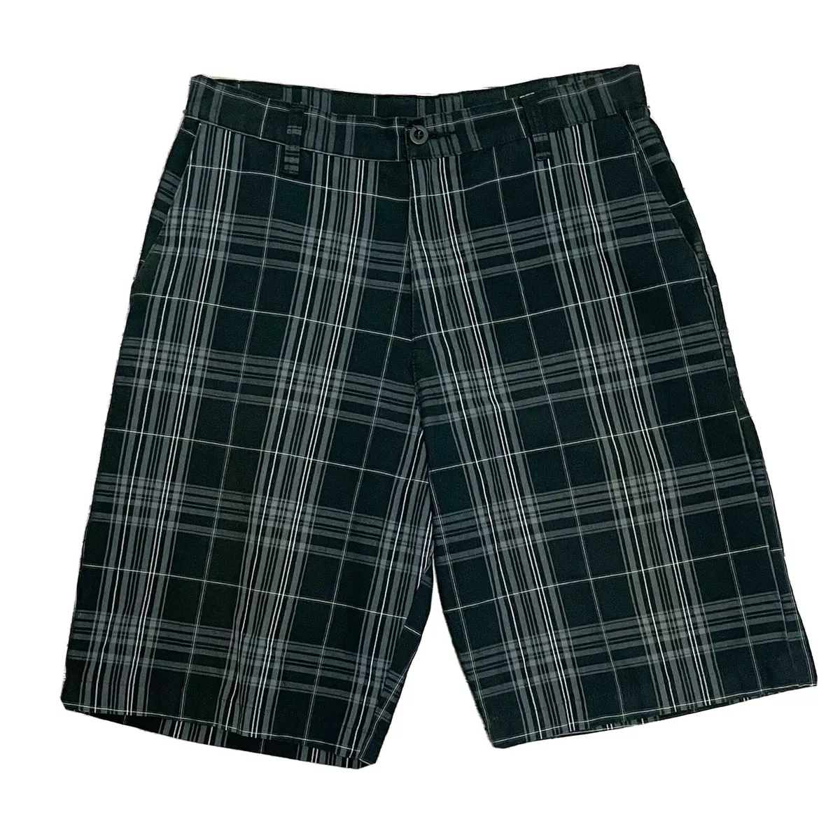 Burnside Plaid Mens Shorts White Black Gray Flat Front 32 10.5 Inch Inseam