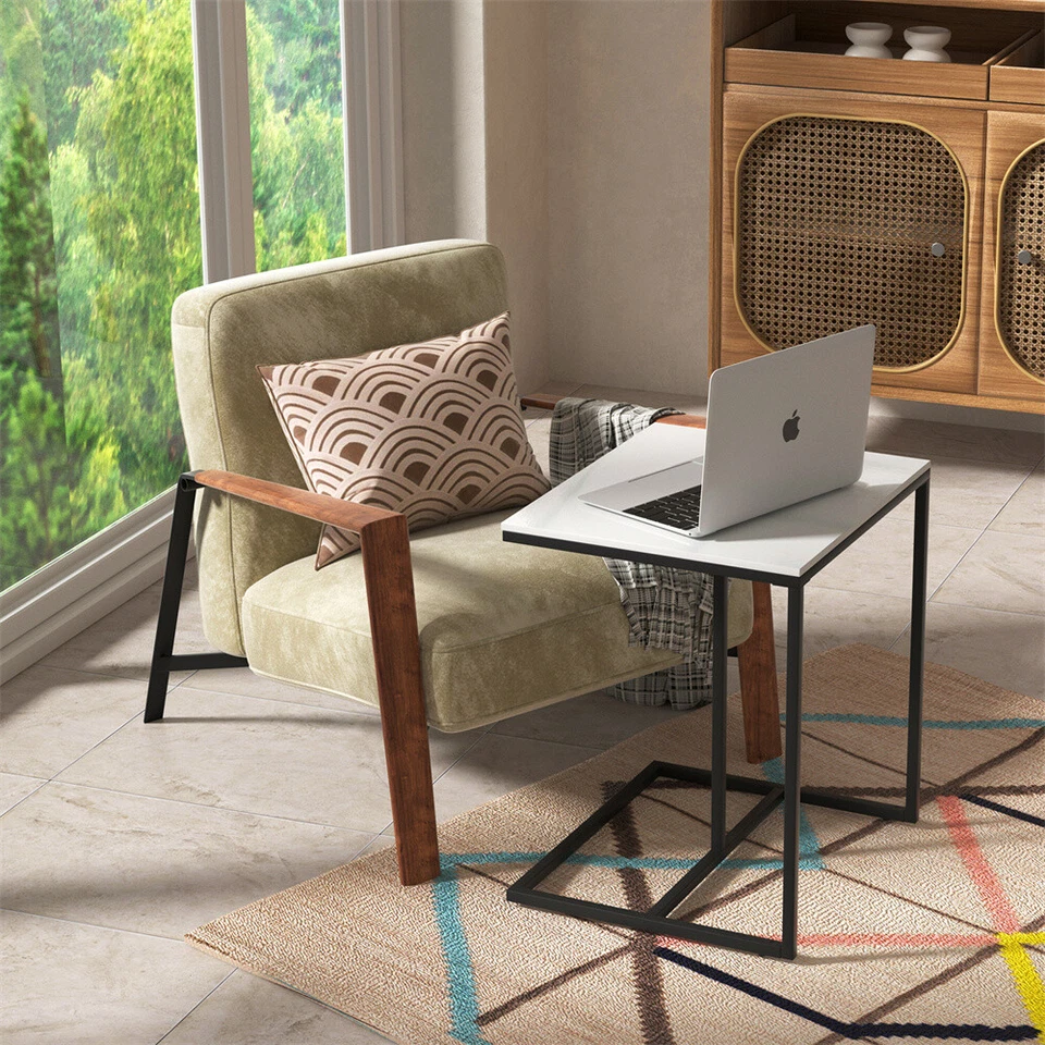 Marble Coffee Table Sofa Side End Table C Shape Bedside Laptop Table White Black - Image 4 of 4