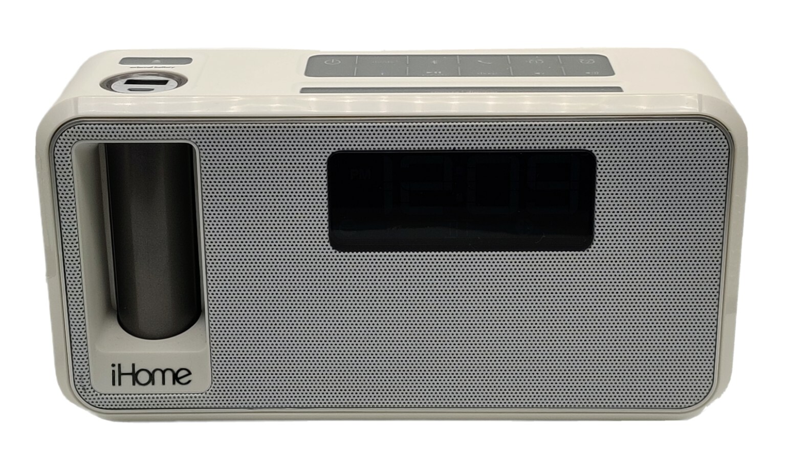 iHome Kineta Stereo Alarm Clock Dual Charging Radio Speakerphone Bluetooth white