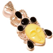 Solid 925 Sterling Silver Black Onyx Gemstone Goddess Moon Face Pendant Jewelery