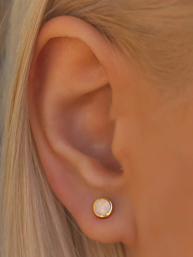 Round Lab CreatedOpal Stud Women Solitaire Bezel Earrings 14K Yellow Gold Plated