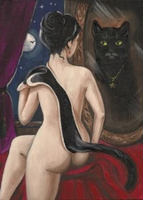 5x7 PRINT OF HALLOWEEN PAINTING WITCH BLACK CAT RYTA CROW CROW MOON folk art 🌗