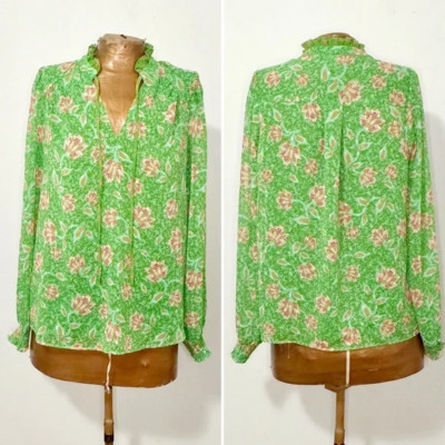 Joie Lime Green Floral Print Tie Neck Ruffled Blouse Size extra small