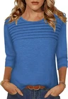 Pleated 3/4 Sleeve Womens Blouse Crew Neck Lightweight Casual Top S-XXL Summer