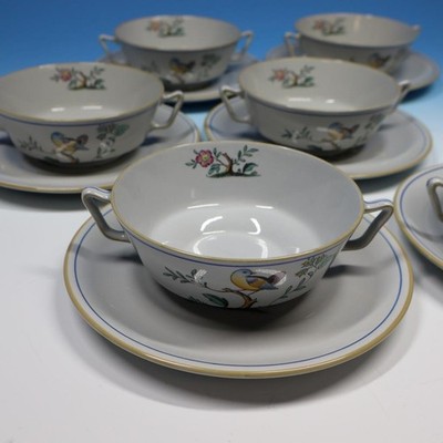 Spode China - Queen's Bird - Set of 6 - Handled Cream Soup Bowls with Saucers
