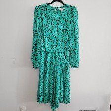 Johanna York by Joan David Vintage 80s Kelly Green Animal Print Drop Waist Dress