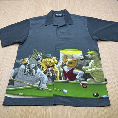 Men's Shirt Size Large Dragonfly Pool Billard Dogs Cigar Pipe SS Button Up