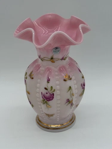 Fenton 2002 Vase Rosaline Pk Charleton Rose Beaded Melon Hand Painted S. Hopkins