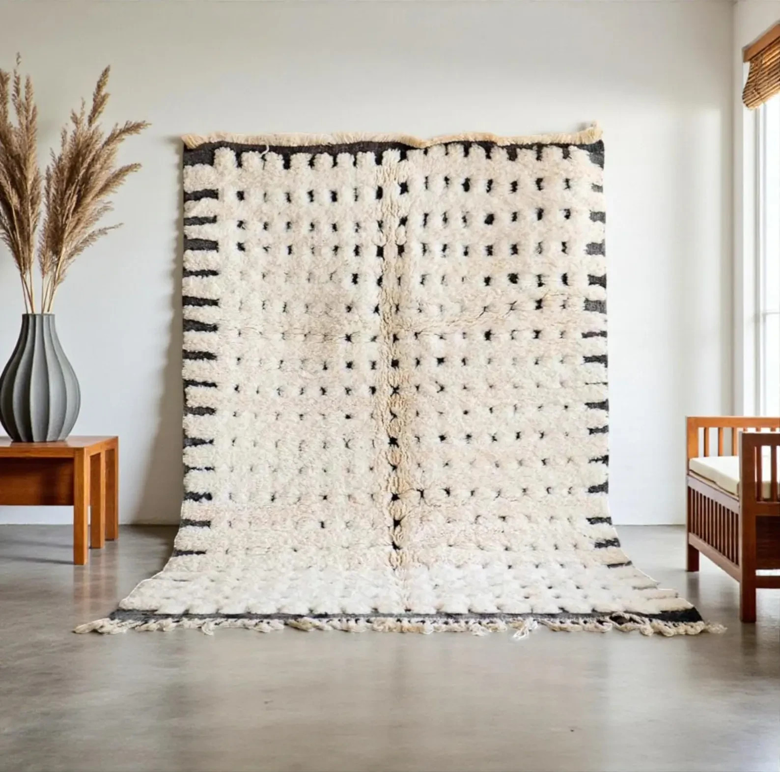 Color Black and White Moroccan Berber Beni Ourain Wool Rug Handmade Carpet Rug