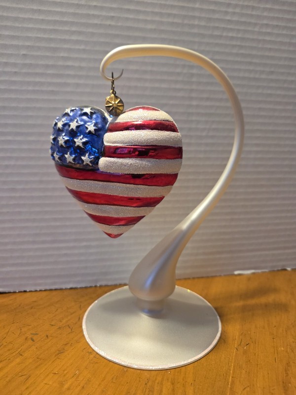 Christopher Radko Puffy Brave Heart Patriotic Christmas Ornament With Stand