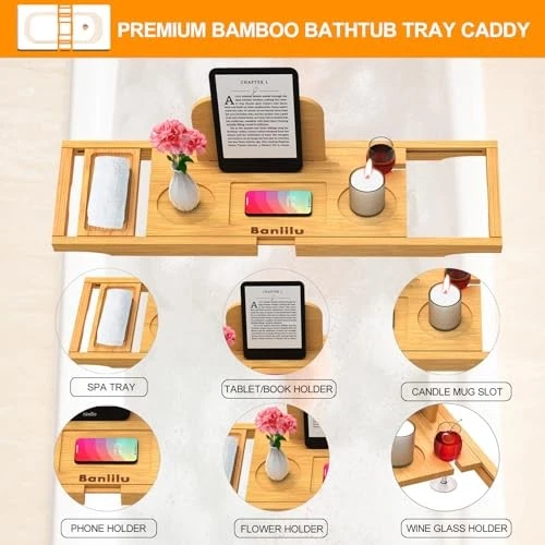 Premium Bamboo Bathtub Tray Caddy - Thumbnail 4