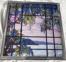 Tiffany styled Framed Stained Glass Window Panel Wisteria Floral Landscape Scene