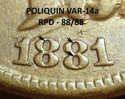 1881 Indian Head Cent - VF+ DET,  POLIQUIN VAR-14a, RPD, REVERSDE CRACKS (K198)