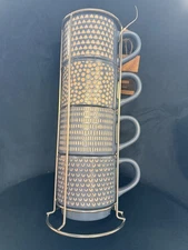 NIB Abode Housewares Blue & Beige Stackable Mug Set with Metal Stand