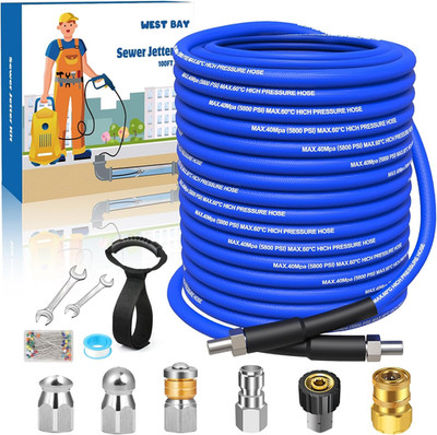 Sewer Jetter Kit 100 FT for Pressure Washer, 5800 PSI Drain Cleaner Hose 1/4 Inc