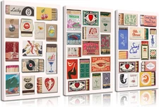 3Pcs Vintage Matchbook Canvas Wall Art Trendy Coastal Cowgirl Bar Cart Wall Deco