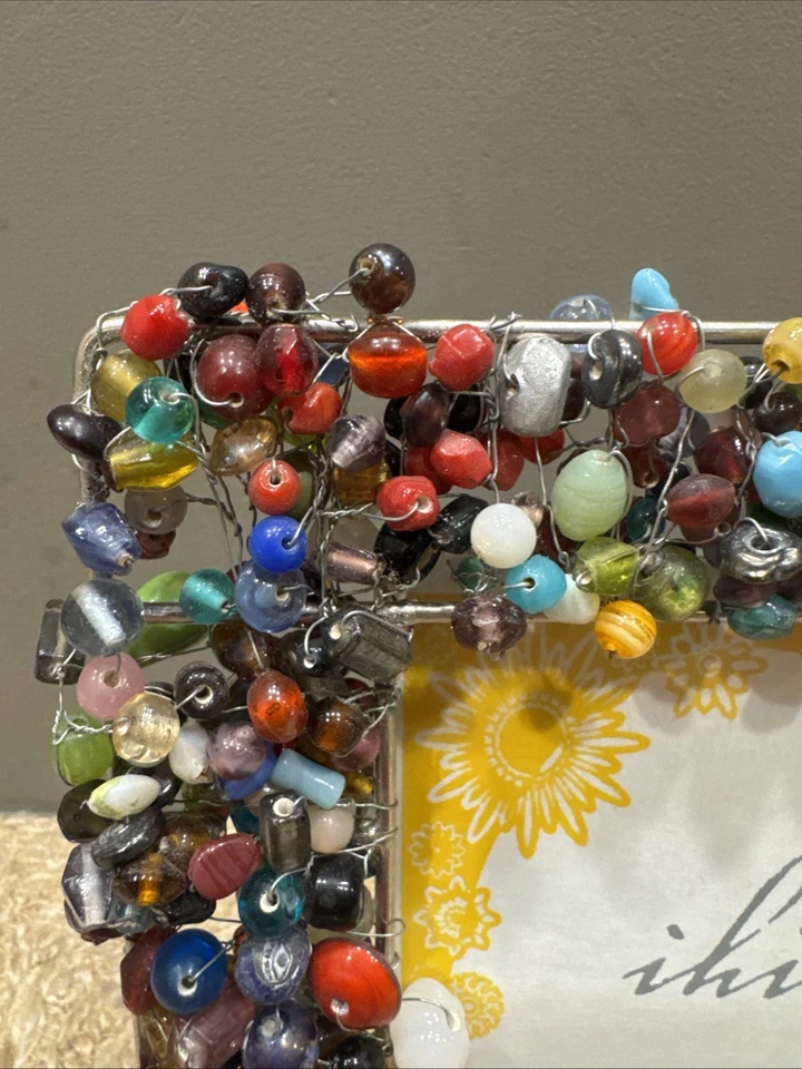 New IHI Silver-Tone Glass Bead Hand Tied Multicolor Picture Frame 4" x 6" Photo - Image 2 of 4