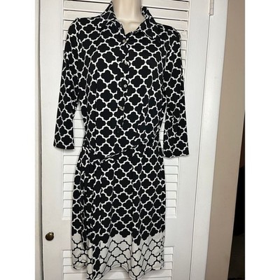 Max Studio Black & White Quatrefoil Pattern  shirt dress Classic Geometric Print