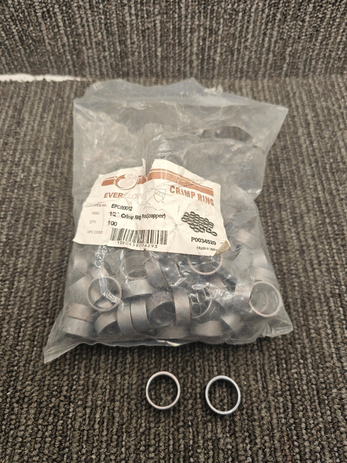 (QTY 100) EVERFLOW EPCR0012: 1/2" Crimp Ring Pex Black Copper