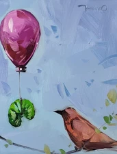 Green Caterpillar Bird Art PRINT Painting By Artist Jose Trujillo Modern Decor