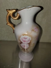 Gorgeous Vintage 8.5" Floral Pitcher Vase With Gold Handle & Trim, Signed