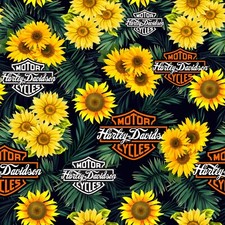 Harley Davidson Custom Logo Sunflowers Cotton Fabric by the 1/2 Yard, 57-58" W