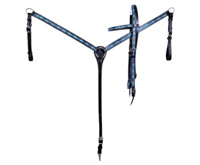 Western Black Leather Set Of Headstall & Breast Collar With Barbed Wire Toolin