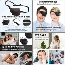 3D Eye Patches for Adults, Adjustable Medical Eyepatch, 2 Pc, Black Right Eye