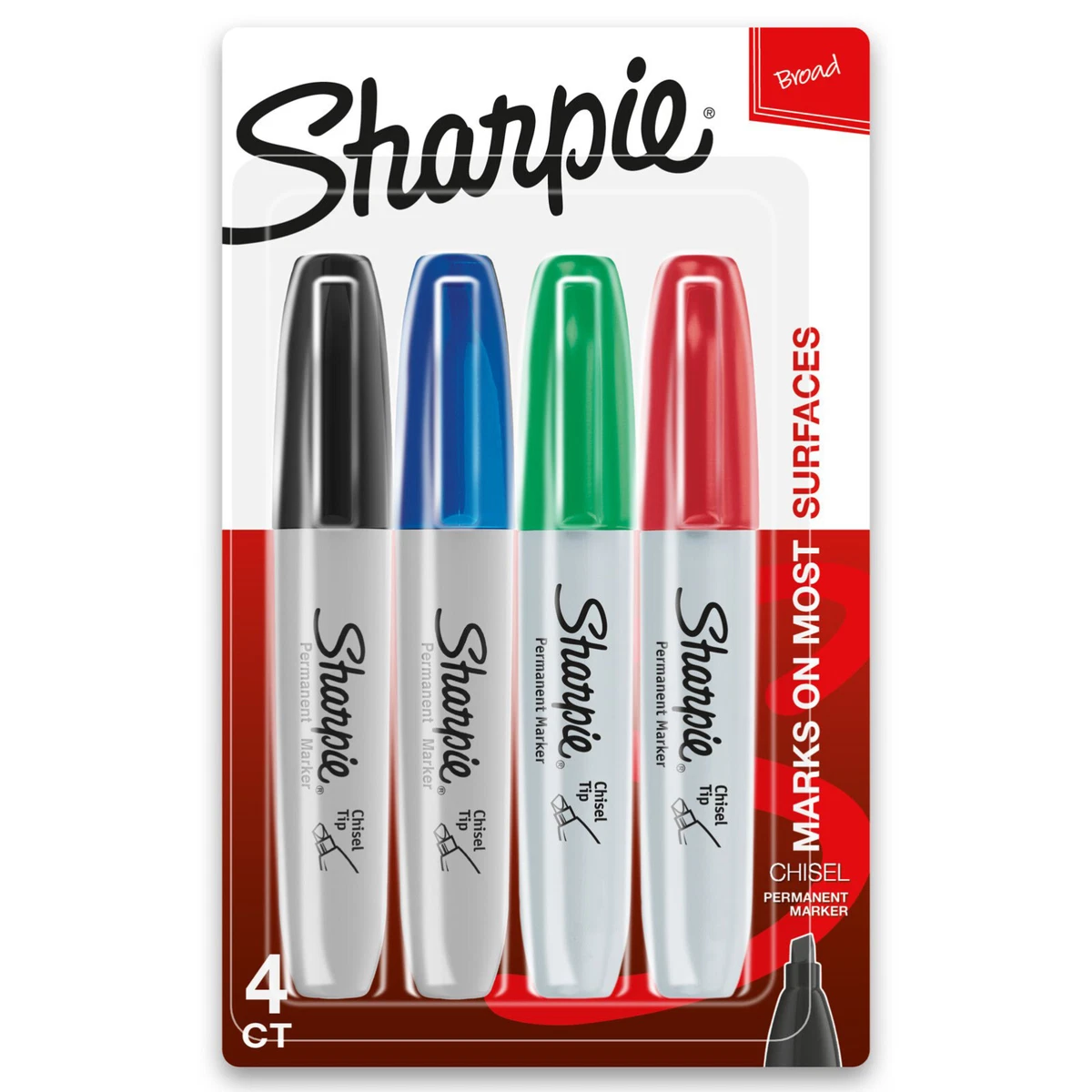 Sharpie 4-ct PERMANENT MARKERS ASSORTED COLORS BOLD CHISEL TIP  WATER-RESISTANT