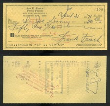 CK 169 Frank Frankie Frisch Cardinals Signed Signature 1971 Personal Check