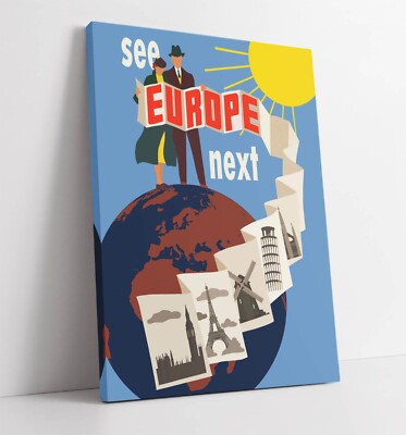 VISIT EUROPE VINTAGE RETRO REISE POSTER - TIEF GERAHMTER WANDBILDDRUCK AUF LEINWAND