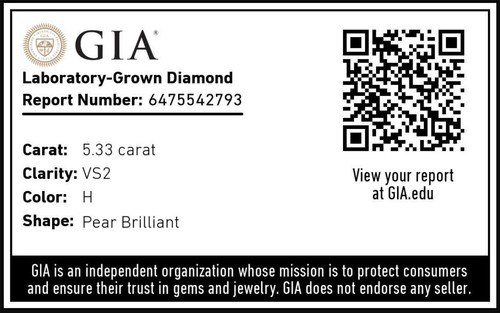 GIA 5.33 Pear Lab Grown Diamond For Engagement Ring H VS2 - Picture 4 of 11