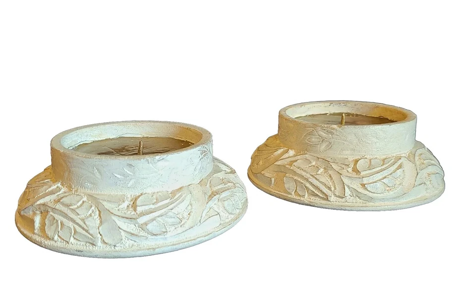 Pair Wooden Pillar Candle Holders Rustic Carved Farmhouse White - Holds Med - XL - Image 3 of 4