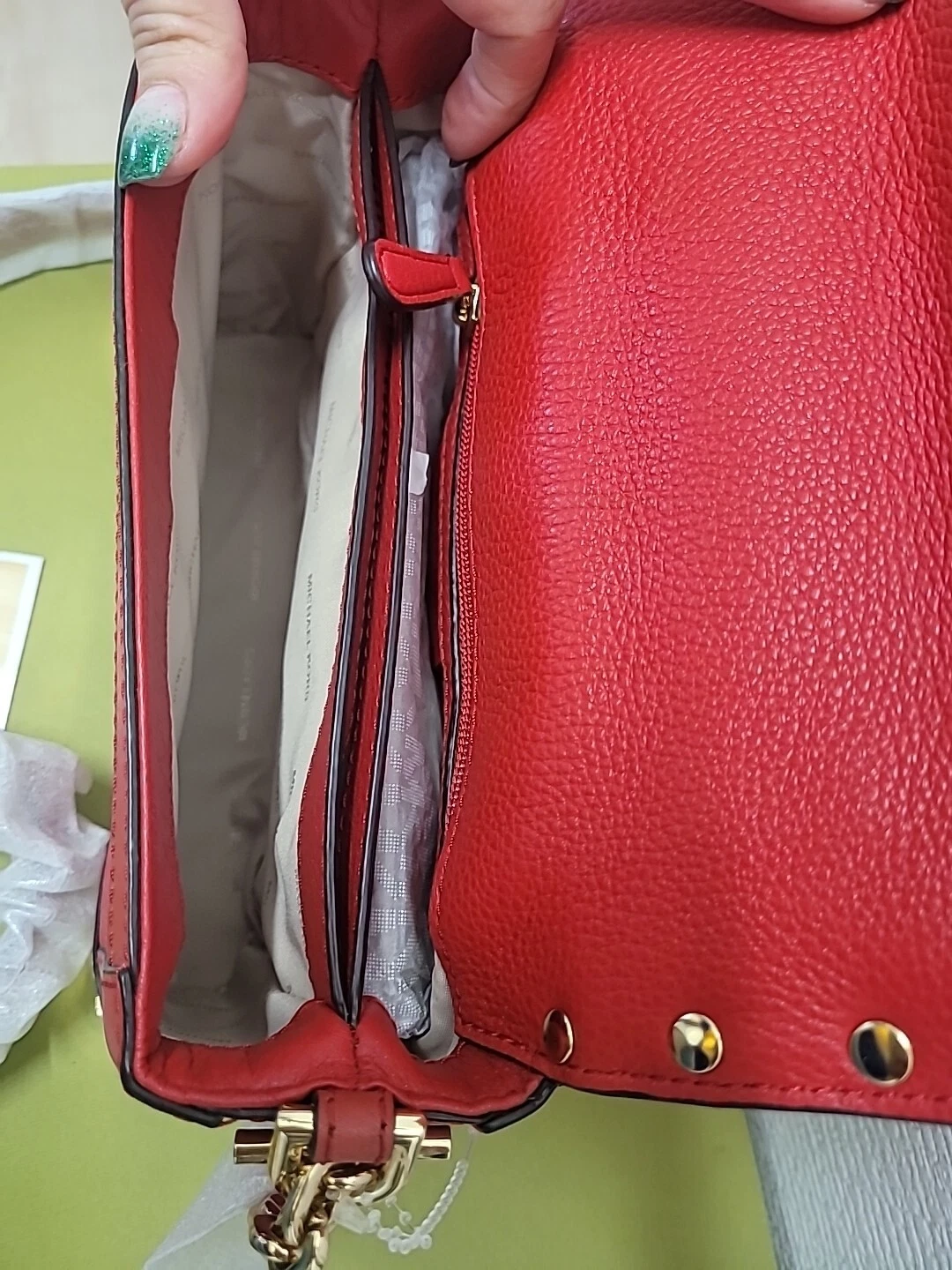 CUSTODIA BORSA BORSA TRENO MICHAEL KORS PELLE ROSSO BRILLANTE NUOVA CON ETICHETTE $398 difficile da trovare!